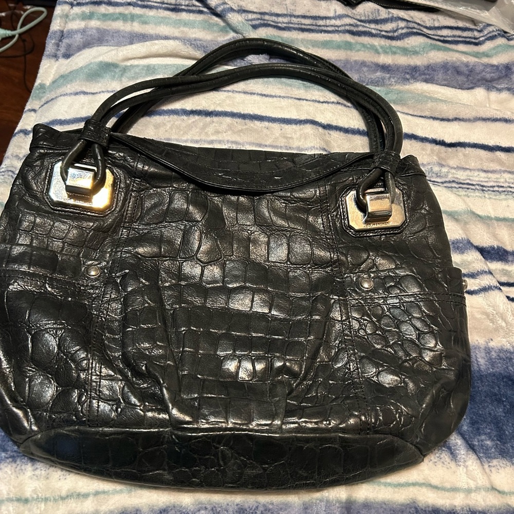 b. makowsky Black Croc-Embossed Leather Shoulder Bag